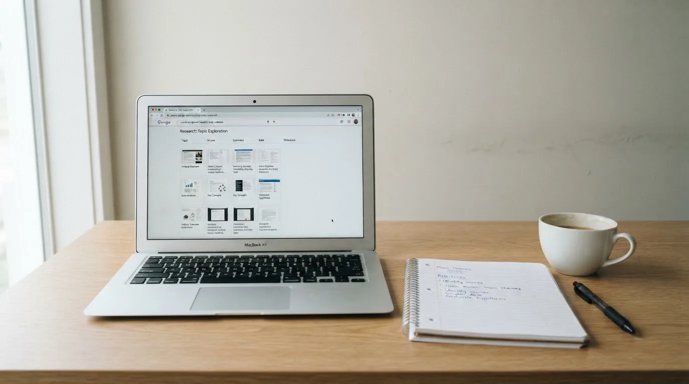 A tidy desk with a laptop open on a plain search-results page, a notebook and a coffee cup beside it, no screens showing any casino branding.