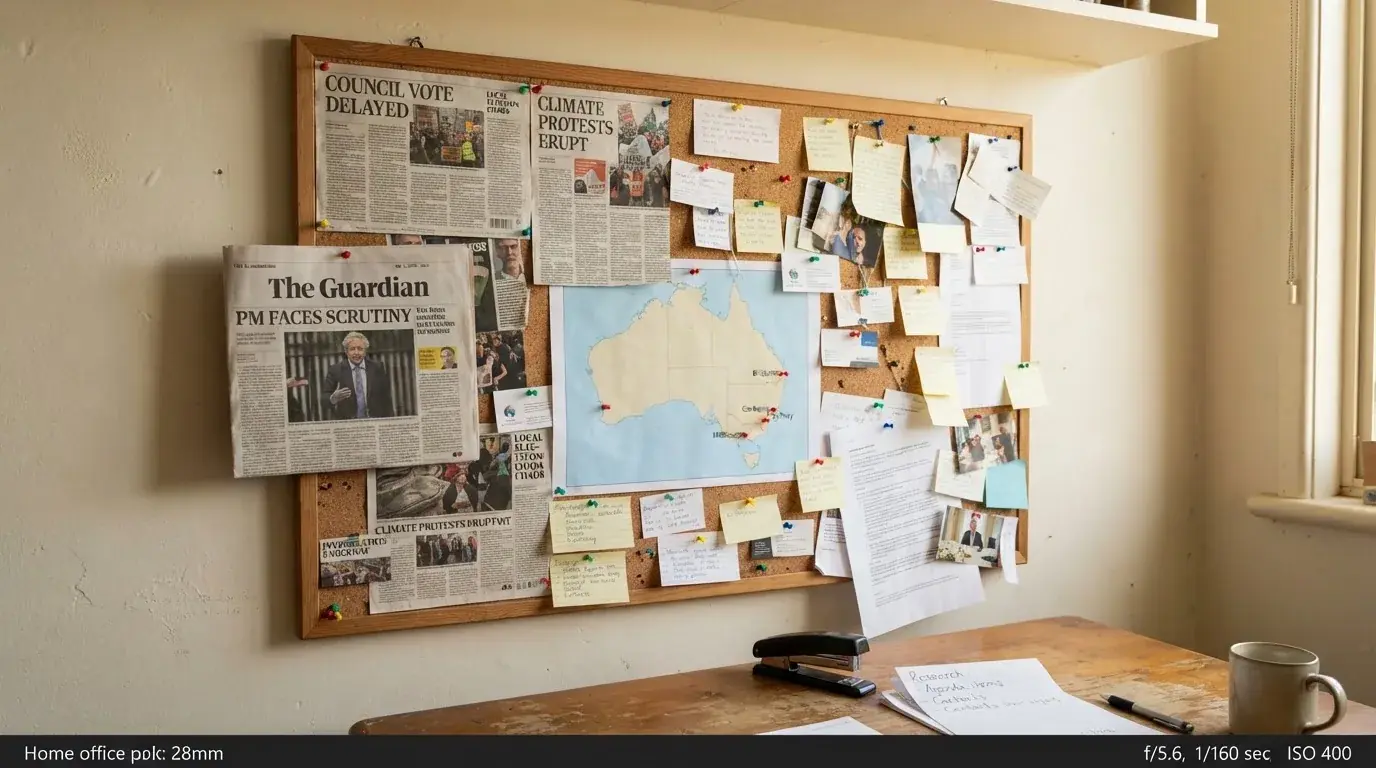 A wide shot of a home office noticeboard with printed news clippings and a map of Australia pinned up, suggesting research rather than play.