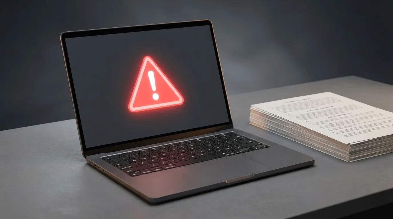 A red triangular warning sign icon on a laptop screen next to a stack of legal papers, symbolising an official caution rather than any specific website.