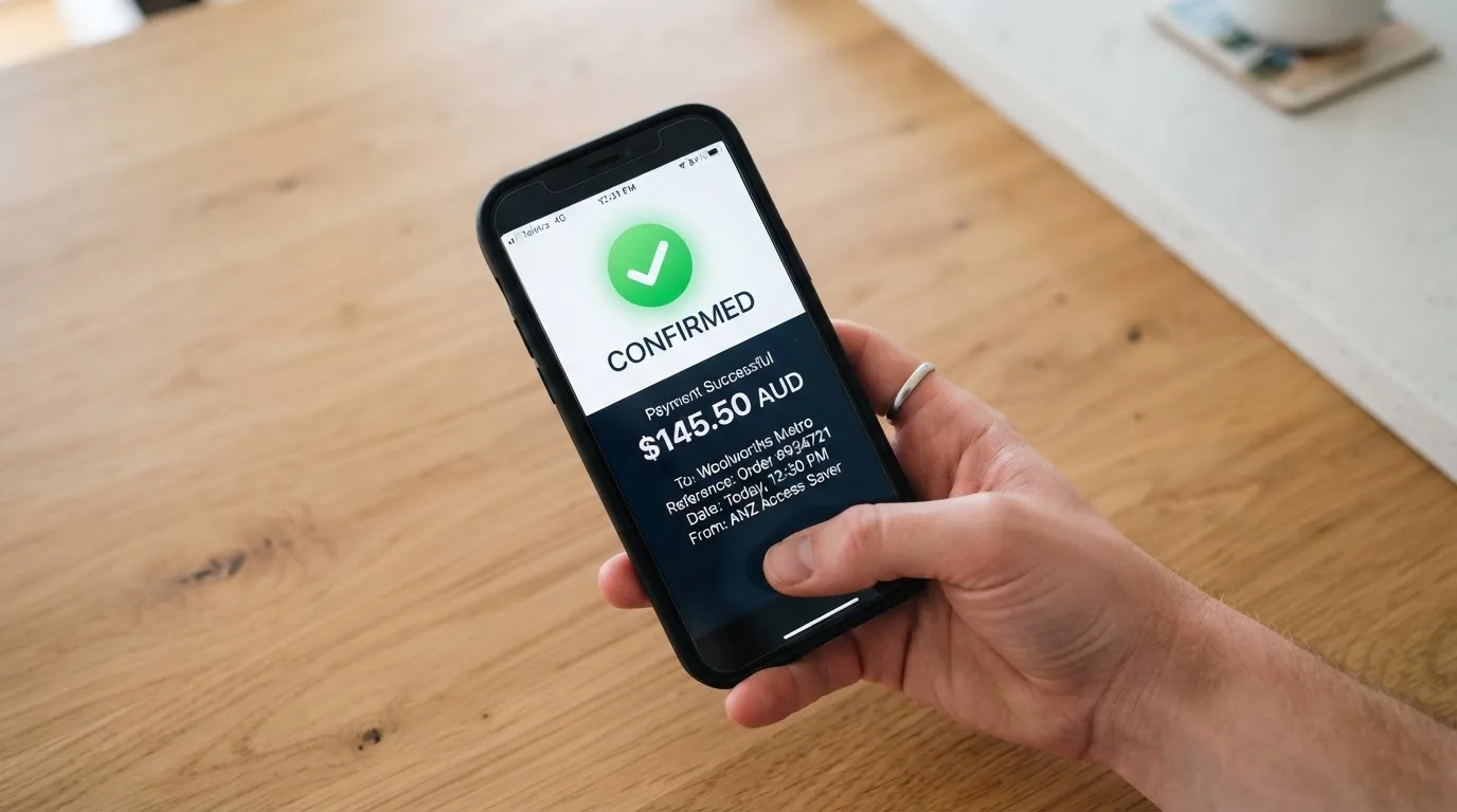 A smartphone screen showing a generic bank-transfer confirmation tick, held over a kitchen table.