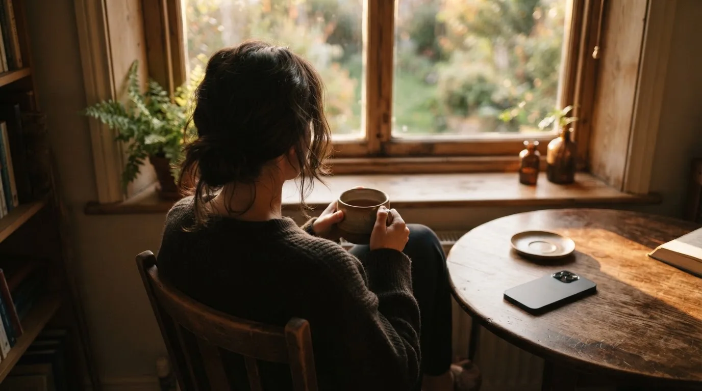 A person sitting calmly with a cup of tea, phone face-down on the table, looking out a window, a quiet self-care scene.